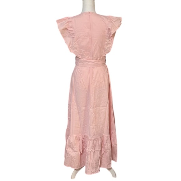 Elegant pale Pink Ruffle Dress Midi Exaggerated short ruffle sleeves tier hem L - Picture 7 of 16